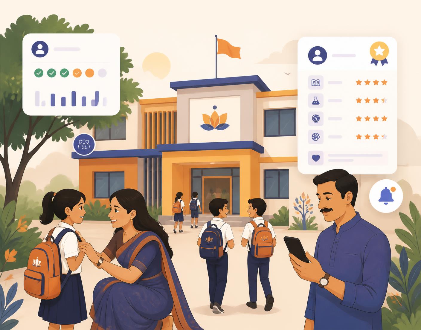Illustration of parents, students and teachers at a school using SchoolSetu on a phone